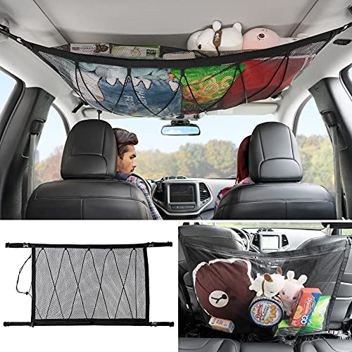 Vemote Car Ceiling Cargo Net Pocket - 35.43"x 25.59" Adjustable Car SUV Roof Net Storage Bag Long Trip Organizers Storage Net for Most Car Double-Layer Mesh Ceiling Storage Nets with Zipper
