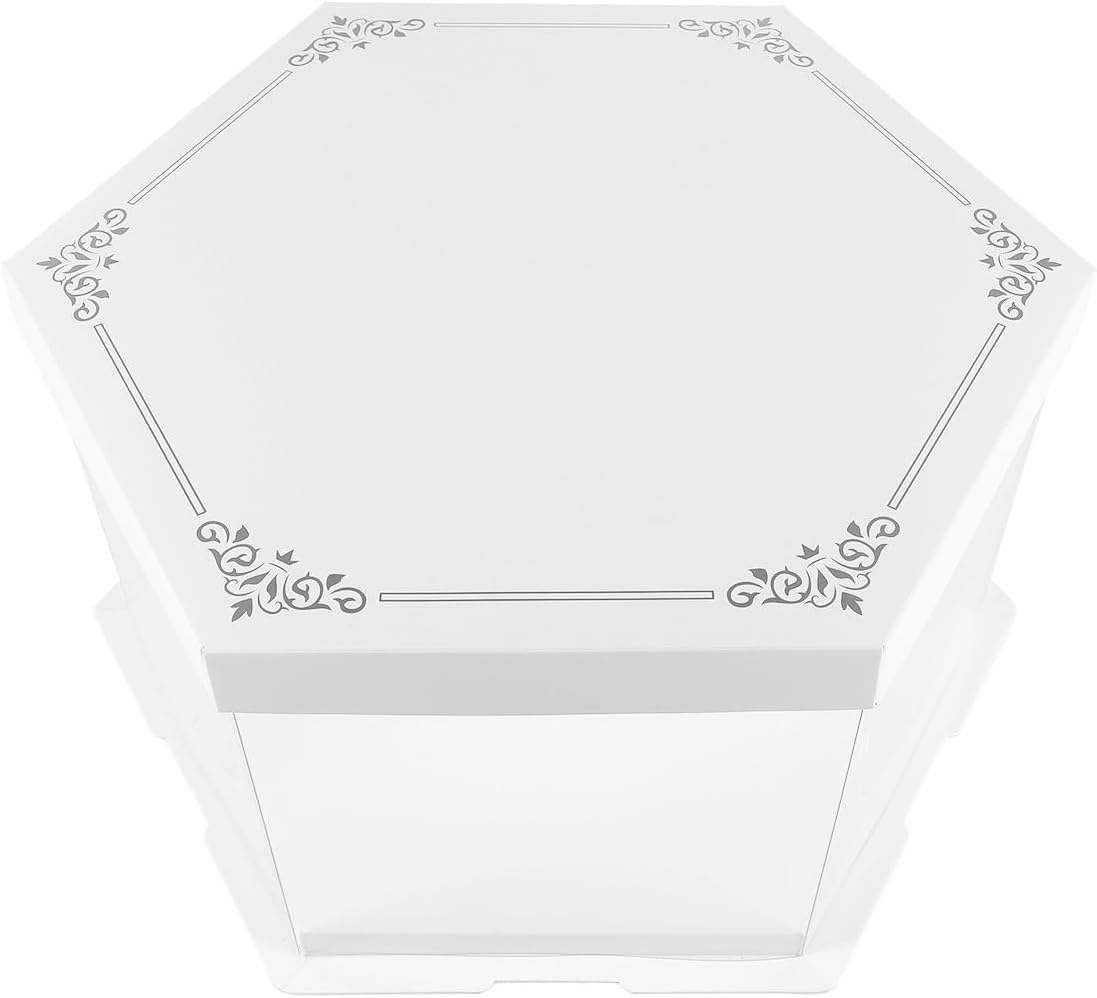 Hexagonal Cake Packaging Box 10 Inch Single Layer 30x30x18cm with Lace Lid White Cake Carrier for Birthday Party and Baking Storage
