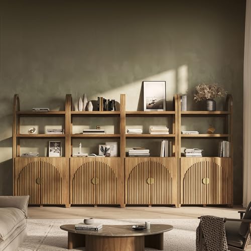 BELLEZE Book Shelf 72" Tall Arched Bookcase with Storage, 5 Tier Mid Century Modern Fluted Bookshelf with Doors, Modular Bookshelves for Living Room Office Library, Set of 4 (Camel) 4 Camel