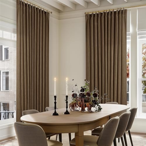 Image of Extra Wide 102 Inch Long Curtains 70 Inch Wide Pinch Pleat Linen Curtains for Living Room Bedroom Light Filtering Privacy Pleated Drapes Hooks Rings Back Tab for Sliding Door Dutch Cocoa 1 Panel