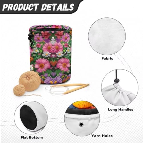 Image of Sellikakes Guinea Pig Flower Crochet Storage Bag Yarn Holder, Knitting Bags with Drawstring, Portable Mini Yarn Holder Store Crocheting Project Knitting Accessories
