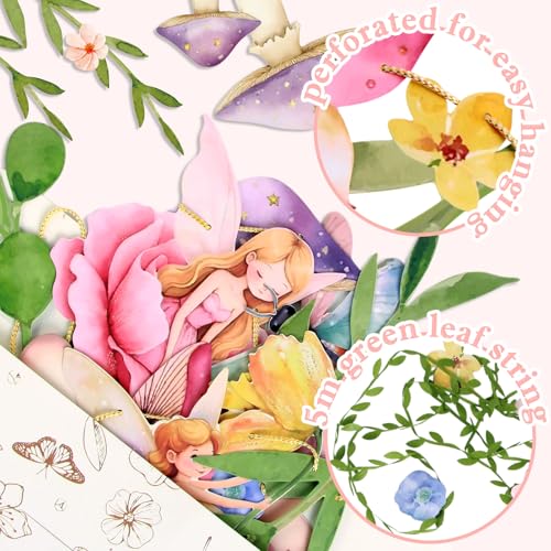 Image of Fairy Mushroom Banner Wildflower Party Decorations Paper Flower Leaves Banner Fairy Garland for Wall Decoration Spring Baby Shower Wedding Backdrop Decorations