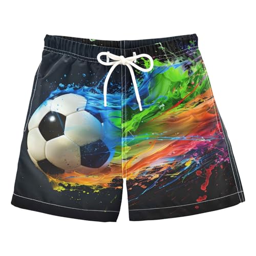 Boys Swim Trunks, Soccer with Colorful Splash Black Beach Board Shorts Swim Shorts