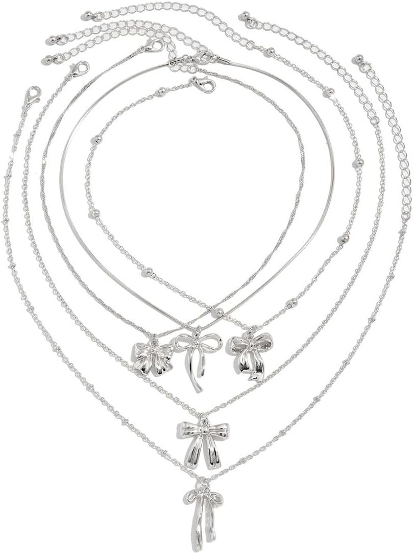 Layered Gold Necklaces for Women Stackable Dainty Chain Necklaces Graceful Layering Ribbon Bow Pendant Necklace Trendy Cute Choker Necklace Jewelry Set for Christmas Gifts - Image 5