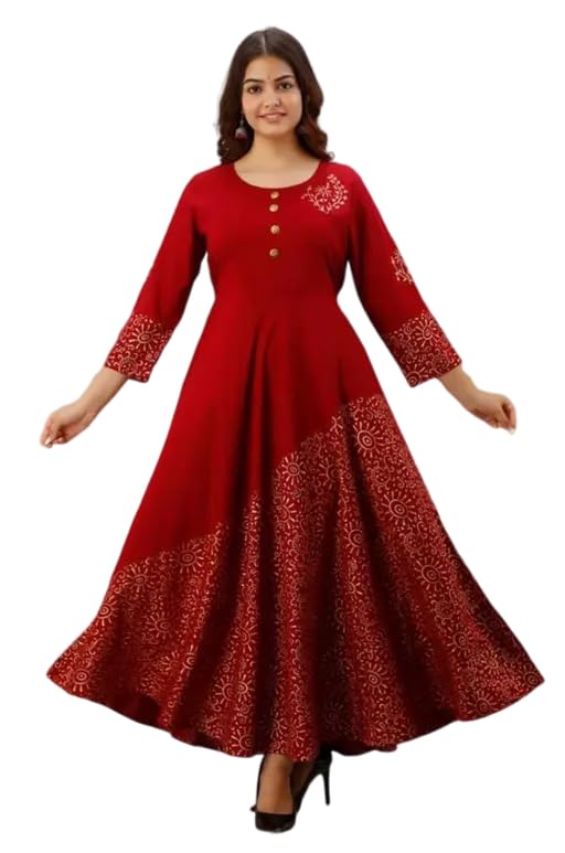 Raj Fashion Women's 3/4th Sleeves Round Neck Rayon Solid Calf Length Anarkali Ethnic Long Gown Red-picture-30