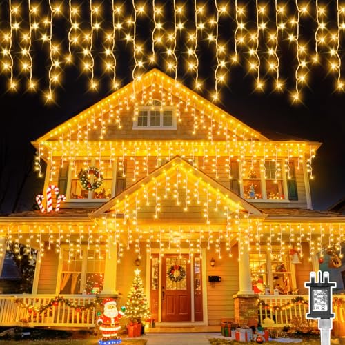 Icicle Lights Outdoor Gcstnn 20M 480LEDs Icicle Christmas Lights Mains Powered with Timer & Waterproof &Memory Hanging Fairy Light for Outside House Gutter Roof Window Wall Xmas Decorations-WarmWhite