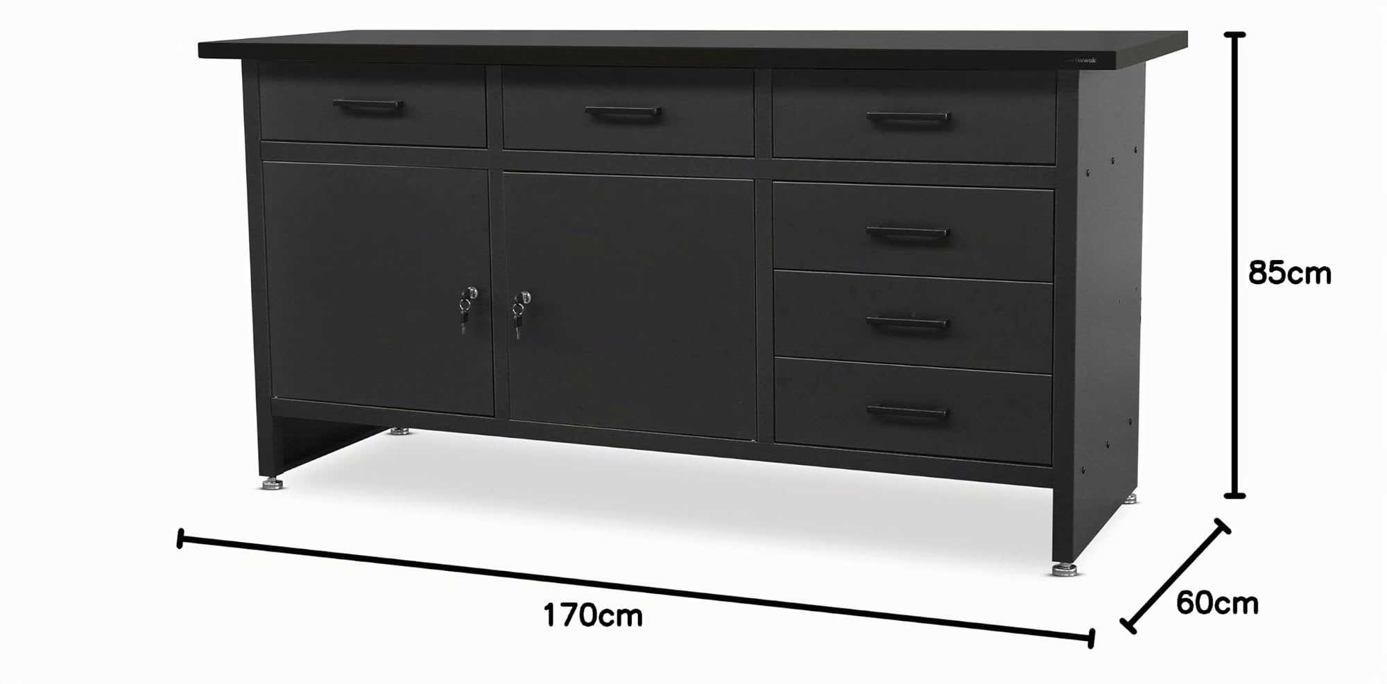 Jan Nowak Banco de Trabajo con encimera Mesa de Trabajo con 6 cajones 2 Compartimentos Pies Regulables Encimera de MDF Capacidad de Carga hasta 500 kg Metal 170 cm x 60 cm x 85 cm (Negro-Negro)