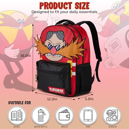 Image of AI ACCESSORY INNOVATIONS Sonic The Hedgehog Backpack for Boys & Girls, Dr. Eggman Big Face 16 Inch Schoolbag with Dr. Eggman Rubber Molded Dangle