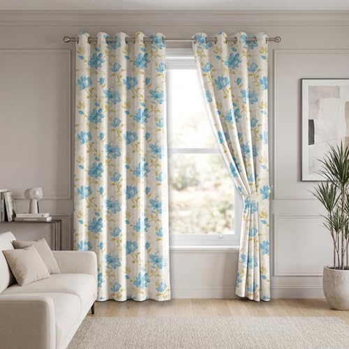 Image of LINENWALAS Printed Blackout Curtains for 7 Feet Door | Set of 2 | Digital Printed Floral Drapes | Thermal Insulated, Room Darkening Panels with Grommet Hanging for Living Room (Celeste)