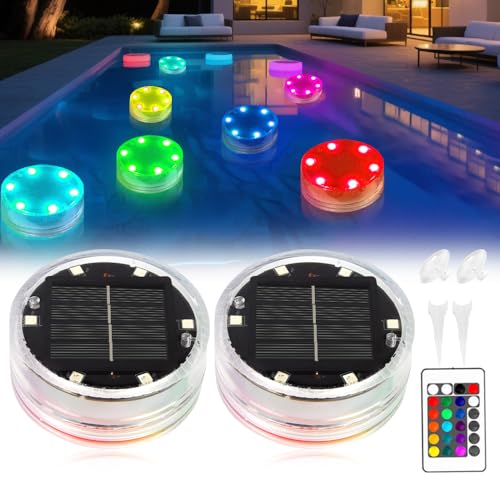 WDKXCN 2Pcs Iluminación LED Subacuática Solar, Luz Solar para Piscina con Cambio Color, IP68 Luces Subacuáticas para Piscina con Mando, RGB Iluminación LED Flotante para Estanque, Fuente