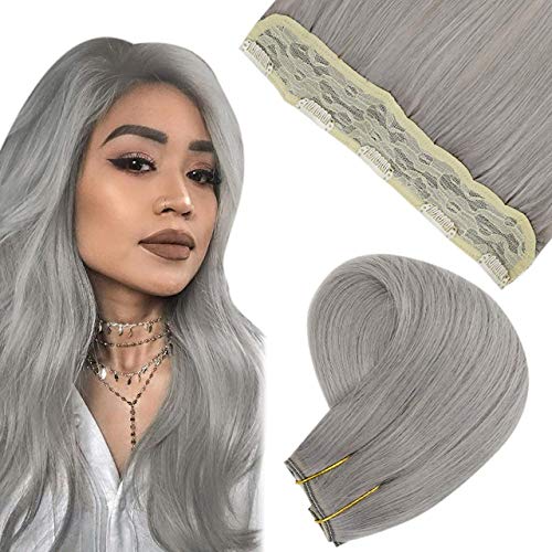 【RE】Hetto Silver Human Hair Clip in Extensions One Piece Human Hair Double Weft Hair Extension Clip Extensions Full Head Straight 14 Inch 50g