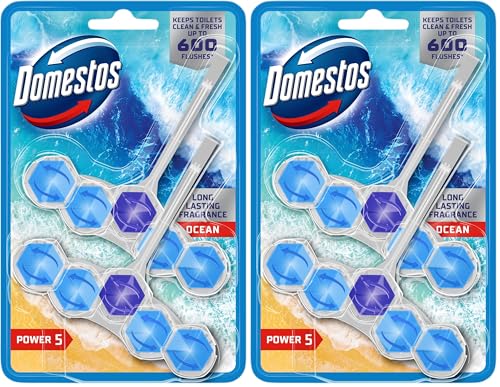Domestos Power 5 Ocean Toilet Rim Blocks toilet freshener with a long-lasting fragrance clean and freshen for up to 300 flushes 2x 50 g (Pack of 2)