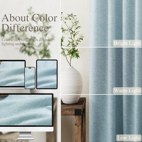 Image of Light Blue 100% Blackout Linen Curtains 108 Inches Long for Bedroom Back Tab Thermal Insulated Coastal Boho Decor Black Out Curtain for Living Room Floor to Ceiling High Window 52x108, 2 Panels