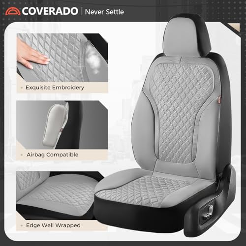 Image of Coverado Car Seat Covers for Front Seats, Luxury Diamond Leather Car Seat Cover with Carbon Fiber Weave, Waterproof Automotive Seat Protectors 2-Pack, Driver Seat Covers Universal Fit Most Cars,Gray