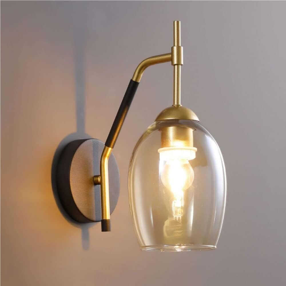 SXECAEPS Retro Industrial Wall-Mounted Light Vintage Glass Wall Sconce E27 Socket Copper Lamp Fixture for Living Room Bedside Nightstand Vanity Bathroom(Amber)