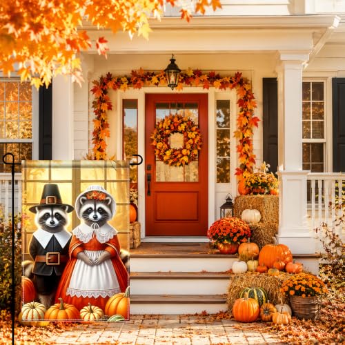 Image of BlissYard Thanksgiving Fall Garden Flag Raccoon Pumpkin 12x18 Inch Decor | Double sided polyester, Thanksgiving raccoon pumpkin design, thanksgiving yard decorations and seasonal porch decor