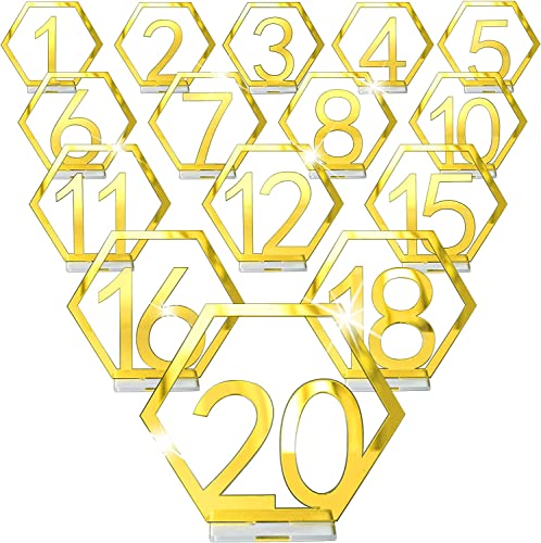 Velidy Table Numbers,1-20Wedding Acrylic Standing Table Numbers with Holder Base for Wedding, Party, Events or Catering Decoration (Gold)