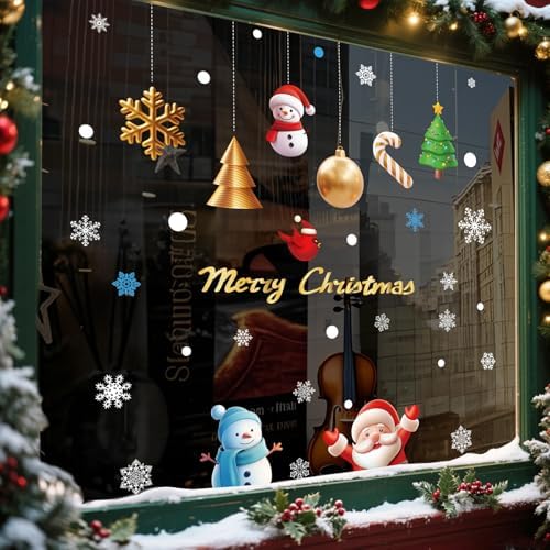 DKTIE Christmas Window Stickers, Navidad Snowflake Window Clings Stickers for Glass, Xmas Decals Decorations Holiday Snowflake Santa Claus Reindeer Decals for Party (Q316, 8 Sheets 20x30CM)