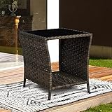 Elesuli Mesa de café lateral de mimbre Mesas auxiliares al aire libre con almacenamiento Mesa de bistró Muebles de patio Mesas auxiliares cuadradas Mesa de jardín Marrón