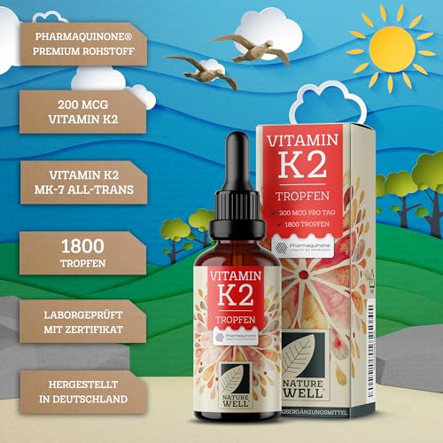 Vitamin K2 Tropfen 1800x (50ml) - optimal hochdosiert mit 200 µg Vitamin K2 MK7 - Premium-Rohstoff Pharmaquinone® mit 99,7+% all-trans-Gehalt - laborgeprüft mit Zertifikat - 100% vegan