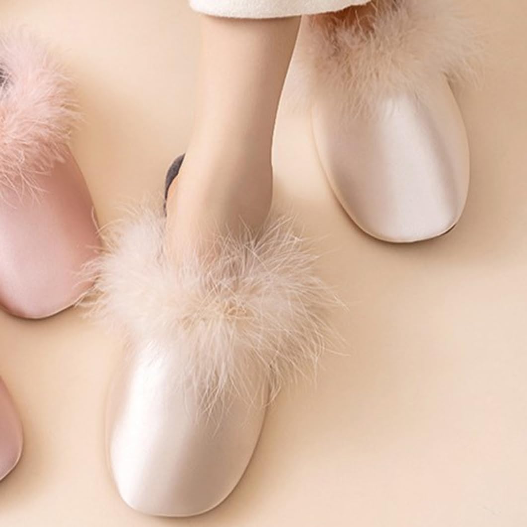 Mujer Hombre Pantuflas De Satén Borde De Plumas Forro Polar Chanclas Elegantes Zapatillas De Casa Sandalias para Interior Y Exterior(38/39 EU, White-Style1)