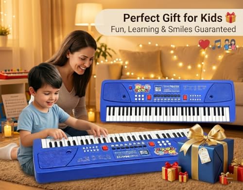 Image of Piano Keyboard with Mic | 61 Keys, 10 Rhythms, 16 Tones, 6 Demo Songs & 8 Percussions | Electronic Musical Toy for Boys & Girls | Educational & Recording Keyboard for Beginners Blue