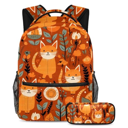 Sac à dos chat orange et trousse scolaire pour garçons et filles