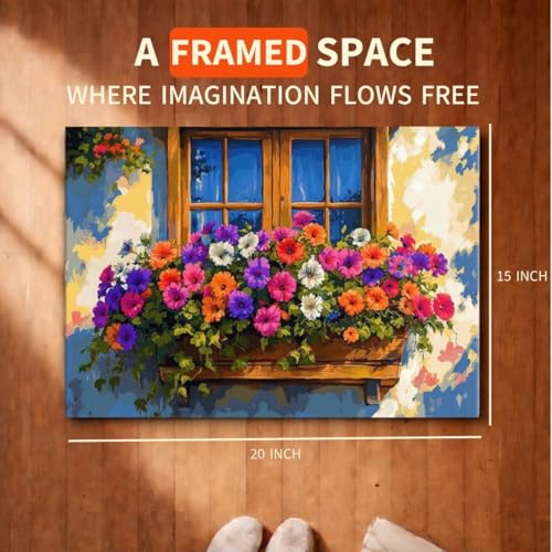 Image of Art Therapy Pcn34 Paint by Number Kit 15 x 20 Inch Linen Canvas for Adults & Kids | DIY 2 Set of Acrylic Oil Painting Colors with Brushes for Home Decor | Easy for Beginners (Flowers at the Heart Window)