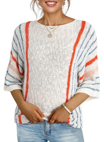 Dokotoo Womens 2025 Fall Casual Crewneck 3/4 Sleeve Striped Lightweight Knit Trendy Boho Tops Pullover Sweaters