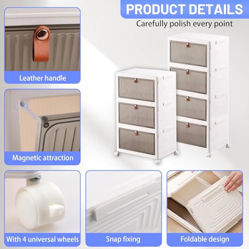 Image of 5 Pack Plastic Cupboard for Storage Multipurpose Stackable Cabinet Drawer, Foldable Wardrobe Organizer for Clothes, Kitchen Storage Cabinet, Modular Almirah with Magnetic Doors, Wheels (White)