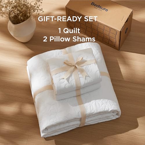Image of Bedsure Quilts Queen Size - Ultra Soft Pre-Washed Cloud-Like Bedding, All-Season Lightweight Comforter for Country Bedroom, Leaf Design Coverlet in Pure White, 90 x 96 Inches