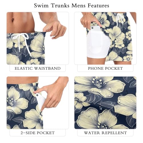 Mens Swim Trunks with Liner, Flower Line Cool Quick Dry Beach Swim Shorts, Swimwear Bathing Suits S3