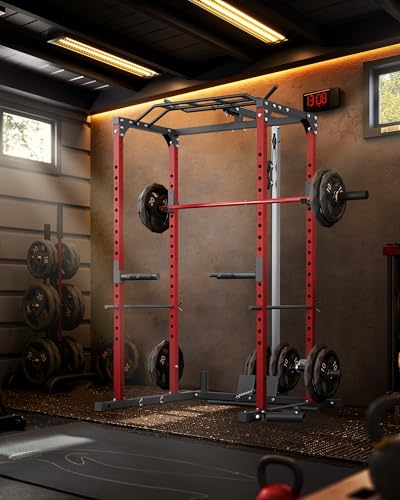 Power Cage, Power Racks for Home Gym with Pulley System, 1200LBS Weight Capacity Multi-Functional Squat Rack for Strength Workout with More Training Attachment (Red D1002)