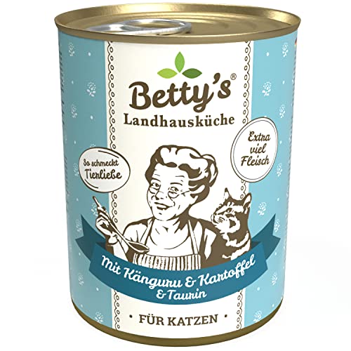 Boswelia Betty's Landhausküche Dose Nassfutter Katze, getreidefrei, beste Qualität, hochwertiges Fleisch, schonend gegart, für alle Katzenrassen geeignet, Känguru mit Kartoffeln und Geflügel 6 x 400 g