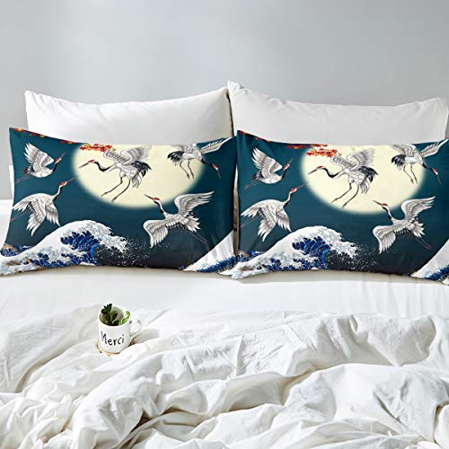 Loussiesd Japanese Ukiyoe Bedding Set 3D Red-Crowned Crane Print Duvet Cover for Kids Boys Girls Ocean Wave Moon Bed Cover Hokusai Decor Bedspread Cover with 2 Pillowcases 3Pcs Bedding King - Image 3
