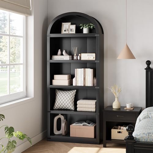 GarveeHome Bookcase 5 Shelf Arched Bookshelf 71.65in Tall Bookcase Farmhouse Display Storage Rack Wooden Bookshelves for Home Office, Living Room