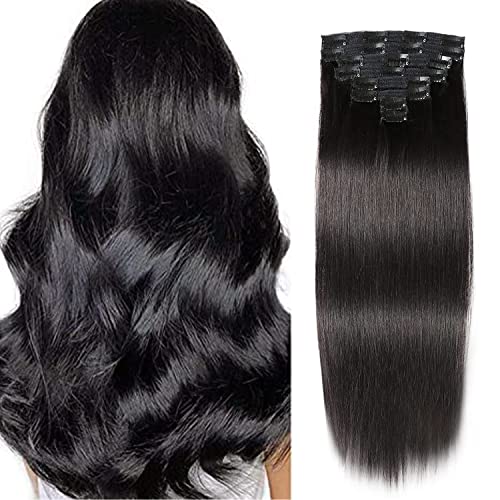 Alishow Clip in Hair Extensions Human Hair Jet Black 8PCS 120 Gram 16 Inch Real Human Hair Extensions Straight Long Soft Hair Extensions Hand Made Weft for Women