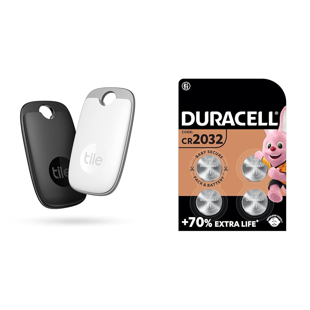 Tile Pro (2022) Lot de 2 localisateurs d’Article Bluetooth, Portée de 120 m, Fonctionne avec Alexa et Google Smart Home. & Duracell 2032 Pile Bouton Lithium 3V, Lot de 4, avec Technologie Baby Secure