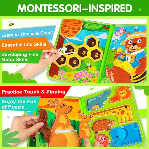 Image of Quanquer Animal Busy Book for Toddlers 1-3 - Montessori Toys for 1 Year Old Boys and Girls, Educational Travel Toy for Airplane Car, Christmas Birthday Gifts for Toddlers