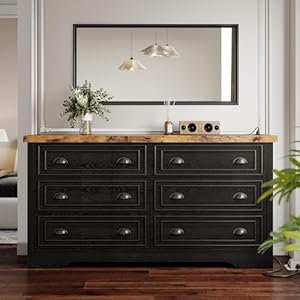 Likimio 59 6 drawers dresser for bedroom power strip farmhouse large wood dressers chest of drawers with wide storage cabinet black  urban country home decor