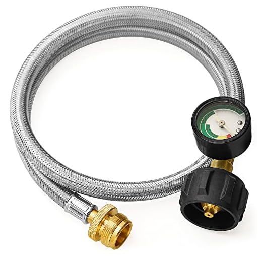 CALPOSE 3 Feet Propane Adapter Hose with Gauge, 1lb to 20lb Adapter Converts 1lb Appliances to 5-40lb Tanks, Stainless Steel Braided Hose for Blackstone Griddle, Weber Q, Coleman Grill, Buddy Heaters
