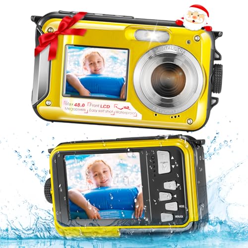 Jradse Fotocamera Digitale Impermeabile, Action Camera Subacquea HD 2.7K 48MP con Doppio Schermo per Snorkeling 3M per Nuotare, Zoom Digitale 16X Anti-Shake, Gialla