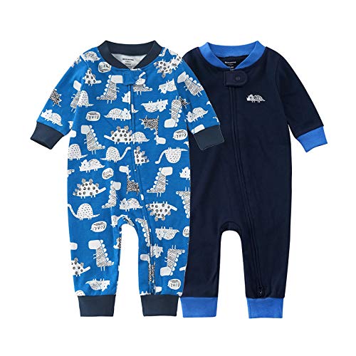 Teach Leanbh Baby 2-Pack Footless Pajamas Cotton Long Sleeve Printing 2 Way Zipper Romper Jumpsuit Sleep and Play 3-24 Months (6-12 Months, Navy Dinosaur)