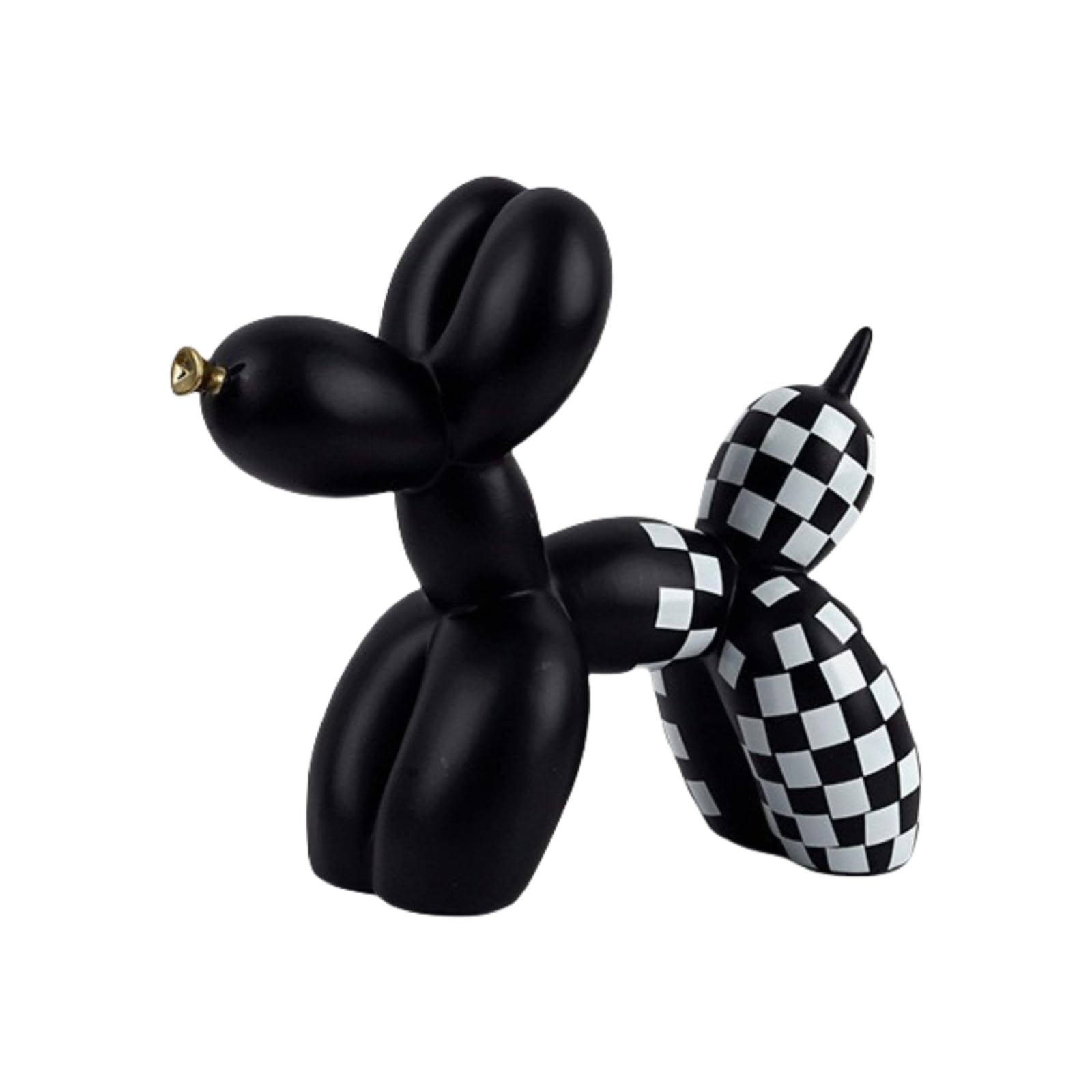 YOYUMI Checkered Balloon Dog Sculpture, Resin Statue, Home Office Decor, for Living Room, Bedroom, Desk Display, 21 * 18 * 9cm-Black Gold Mouth