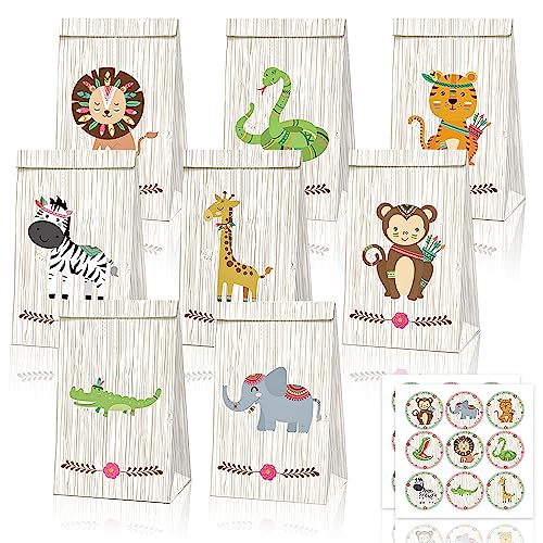 LANSKYLAN 16 PCS Bolsas de Regalo de Papel Bolsas de Papel Kraft Bolsas de Regalo de Animales Bolsa de Papel para Aperitivos con Pegatinas de Animales Bolsitas Regalos Navidad para Dulces Cumpleaños