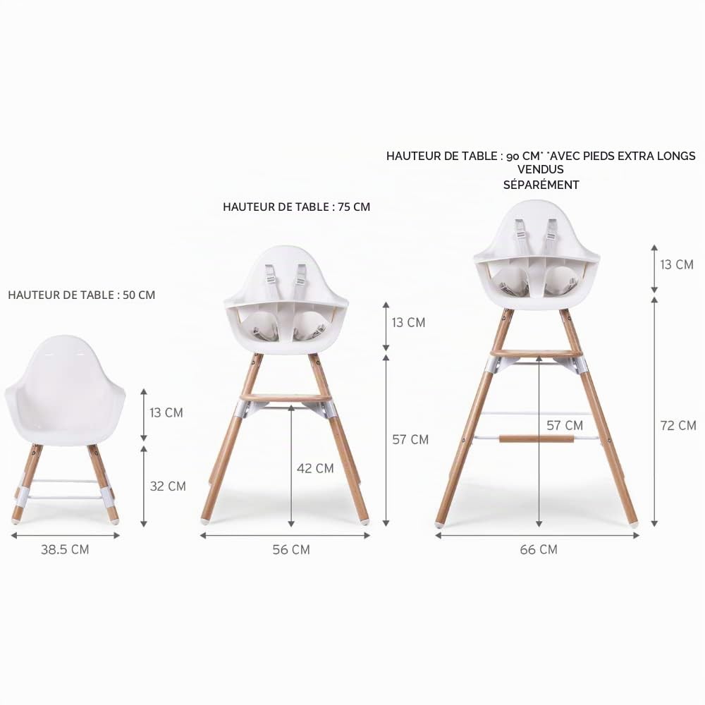 CHILDHOME, Chaise Haute Bébé/Enfant, Evolutive, Dès 6 mois, Réglable en Hauteur, Harnais 5 Points, Nombreux Accessoires, Compatible avec Transat Naissance Evolu, Bois de Hêtre, Evolu 2, Blanc