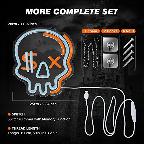 Eufrozy Acrylic Skull Neon Sign, Dimmable Skeleton LED Neon Lights, USB Powered Bedroom Wall Decor Lights with Switch - Image 2