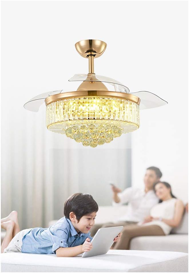 42'' Inches Ceiling Fan Light, Remote Control LED Pendant Light Crystal Dimmable Metal Luxury Invisible Ceiling Remote Control Chandelier Lighting for Living Room Bedroom Restaurant - Golden