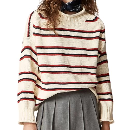 Womens Oversized Roll Neck Sweater Long Sleeve Chunky Knit Pullover Cozy Fall Tops Casual Loose Knitwear(Ivory-Ruby-Navy M)