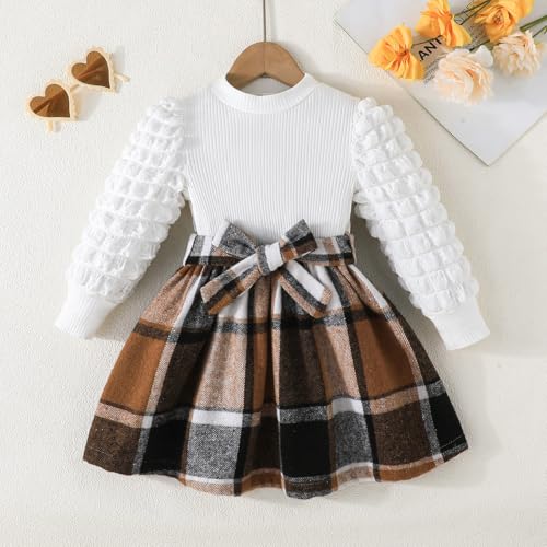 Xmas Toddler Girls Plaid Dresses Fall Puff Sleeve Patchwork Belted Checkered Skirt Dress Christmas Holidays Outfit2